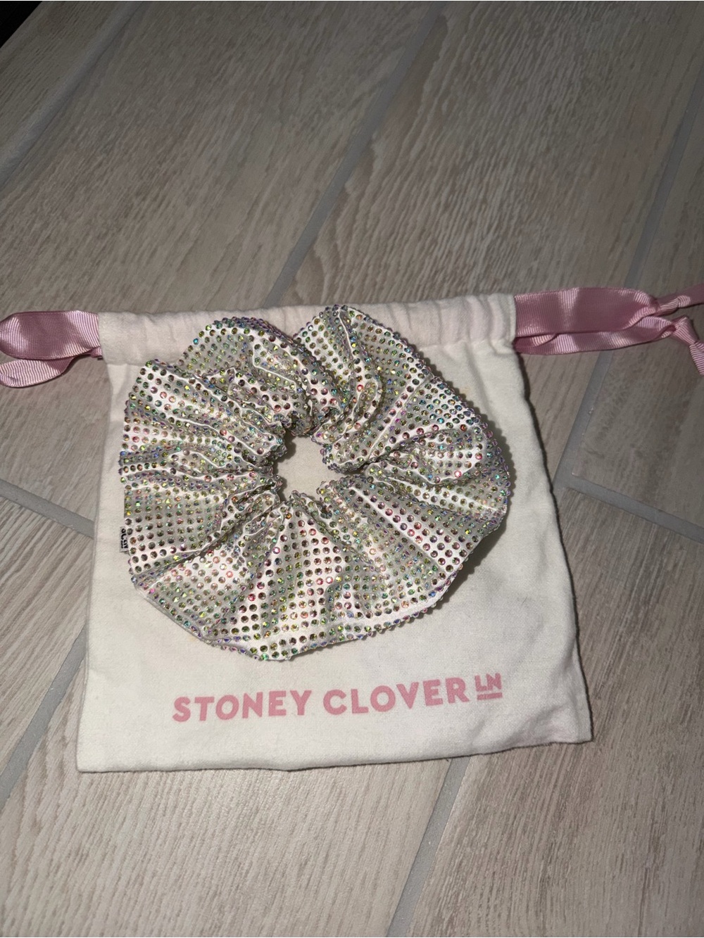 Stoney Clover Lane Iridescent Crystal-Embellished Cream Scrunchie